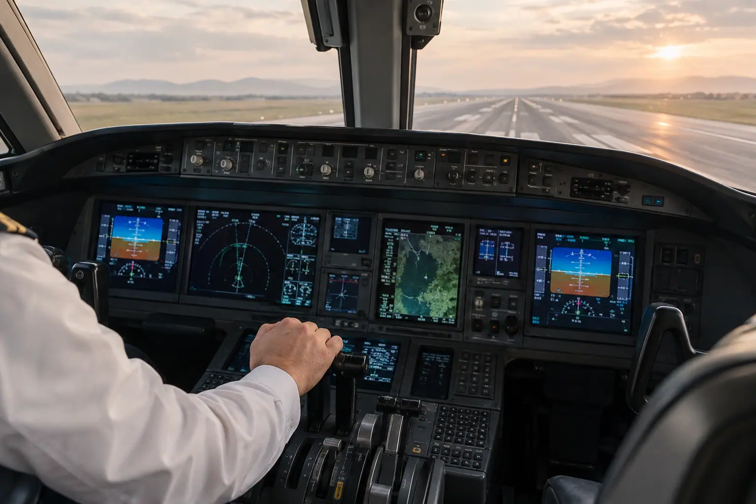 Business jet cockpit before departure