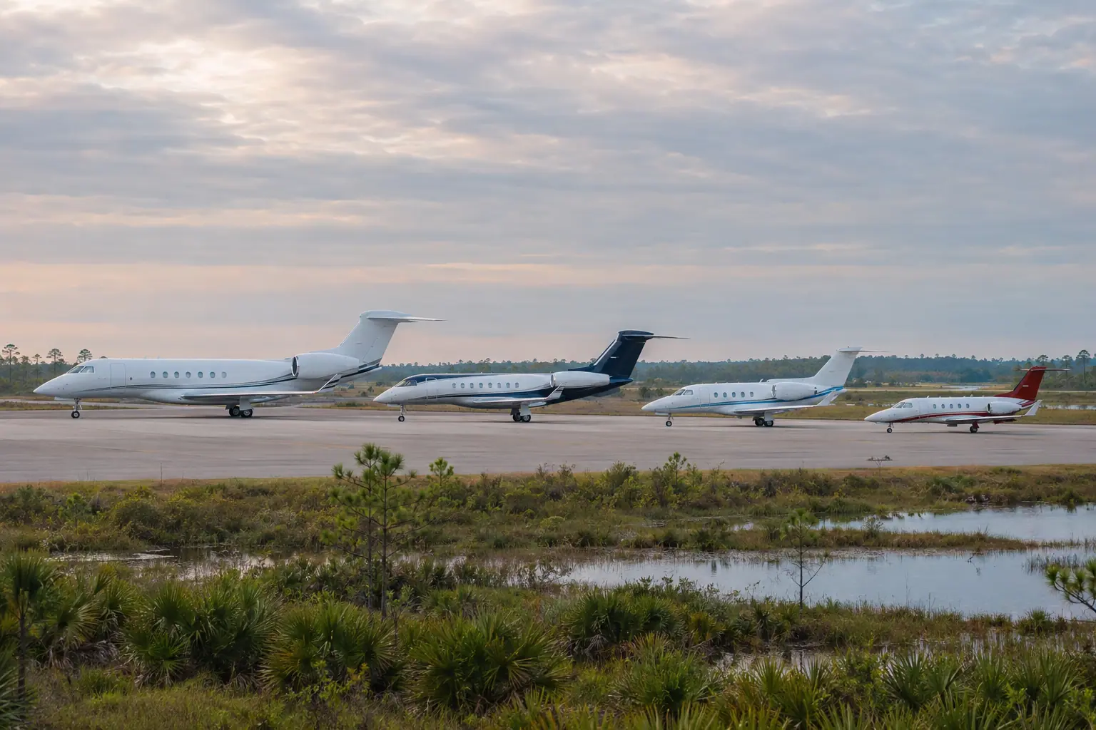 Business jets of different sizes on a ramp