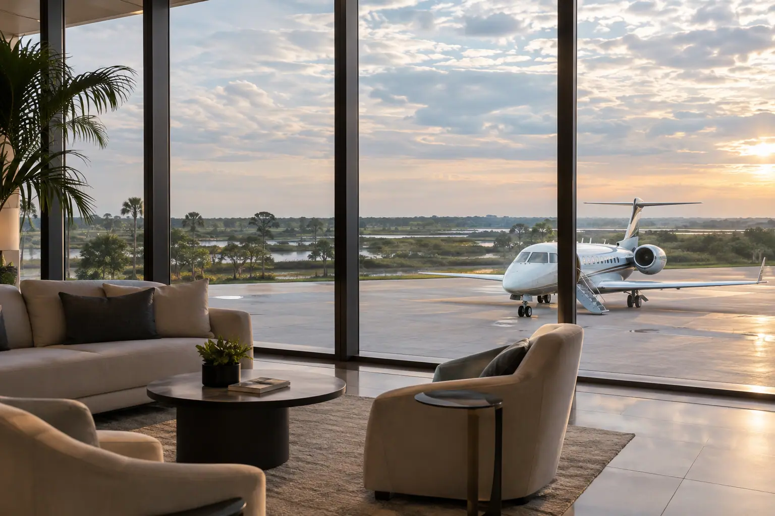 Private terminal lounge overlooking the ramp